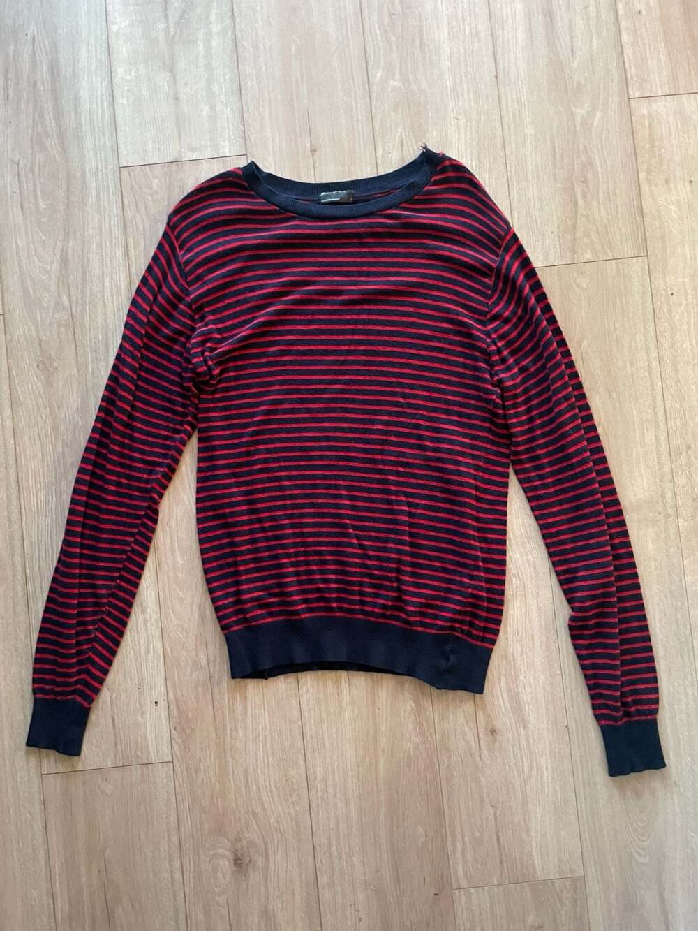 American Apparel Red and Navy Striped Crewneck Sweater
